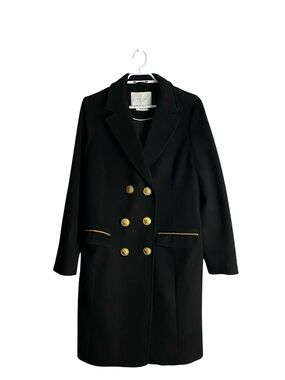 Yaya Women's Black Double-Breasted Gold Detail Button Wool Trench Coat